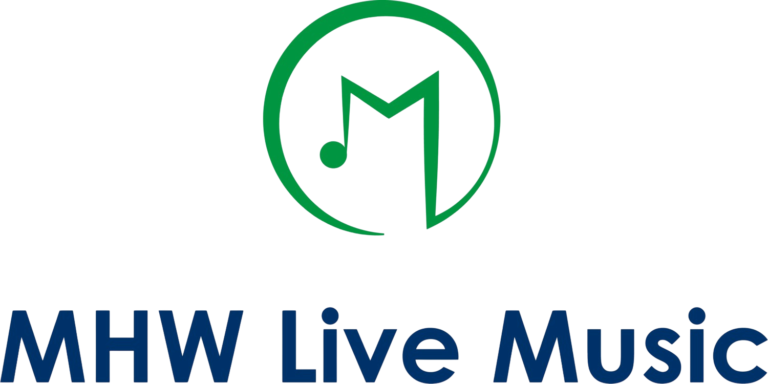 Logo with a green circle surrounding a musical note with a stylized 'M' in the center, and the text 'MHW Live Music' beneath.