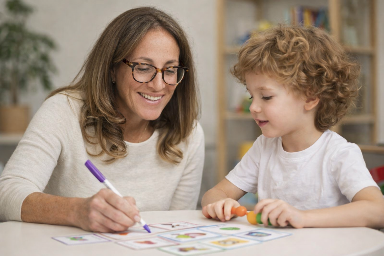 A woman with glasses and a young girl with curly hair playing with educational cards and colorful toys at a table.