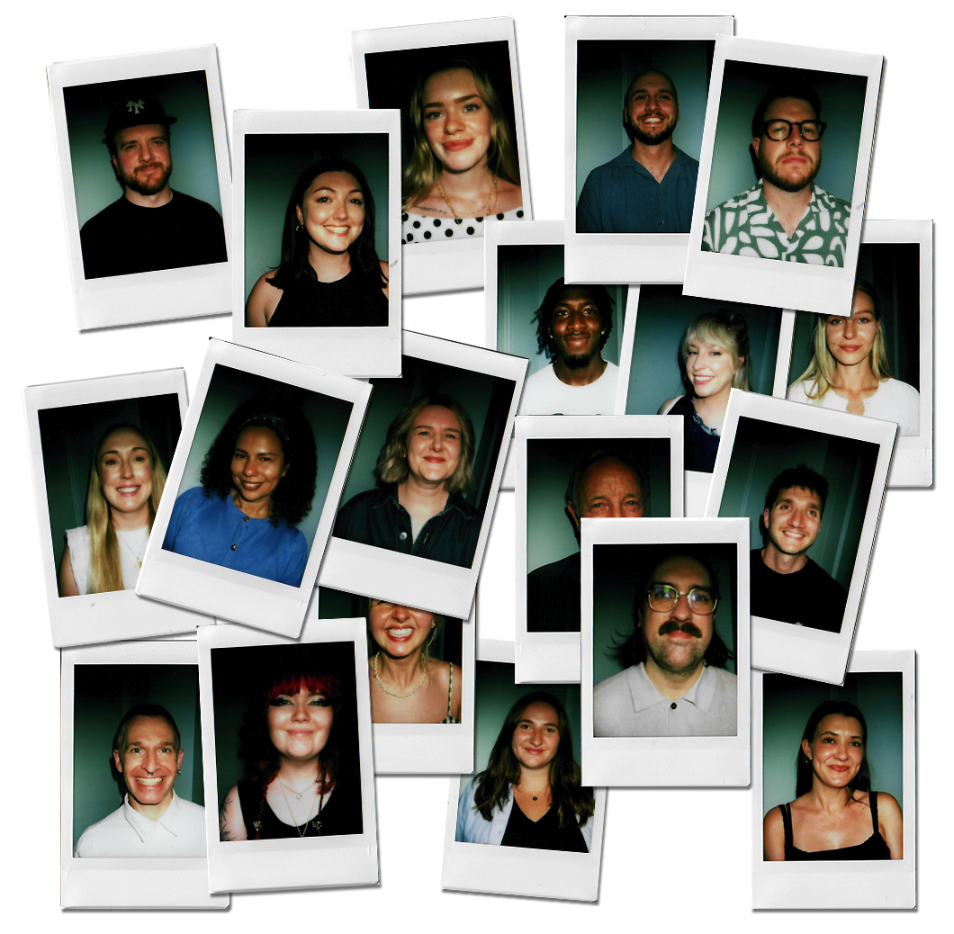 A collage of 16 individual Polaroid-style photographs of diverse people, each with different expressions and backgrounds, placed against a black background.