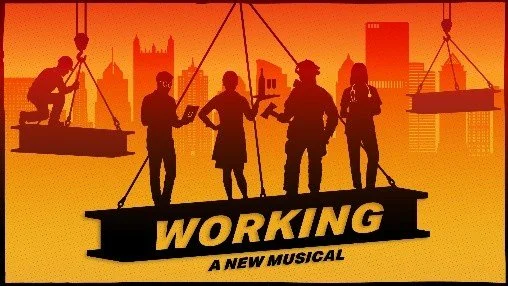 Silhouettes of construction workers holding tools against a city skyline at sunset, with a banner reading 'WORKING' and subtitle 'A New Musical'.