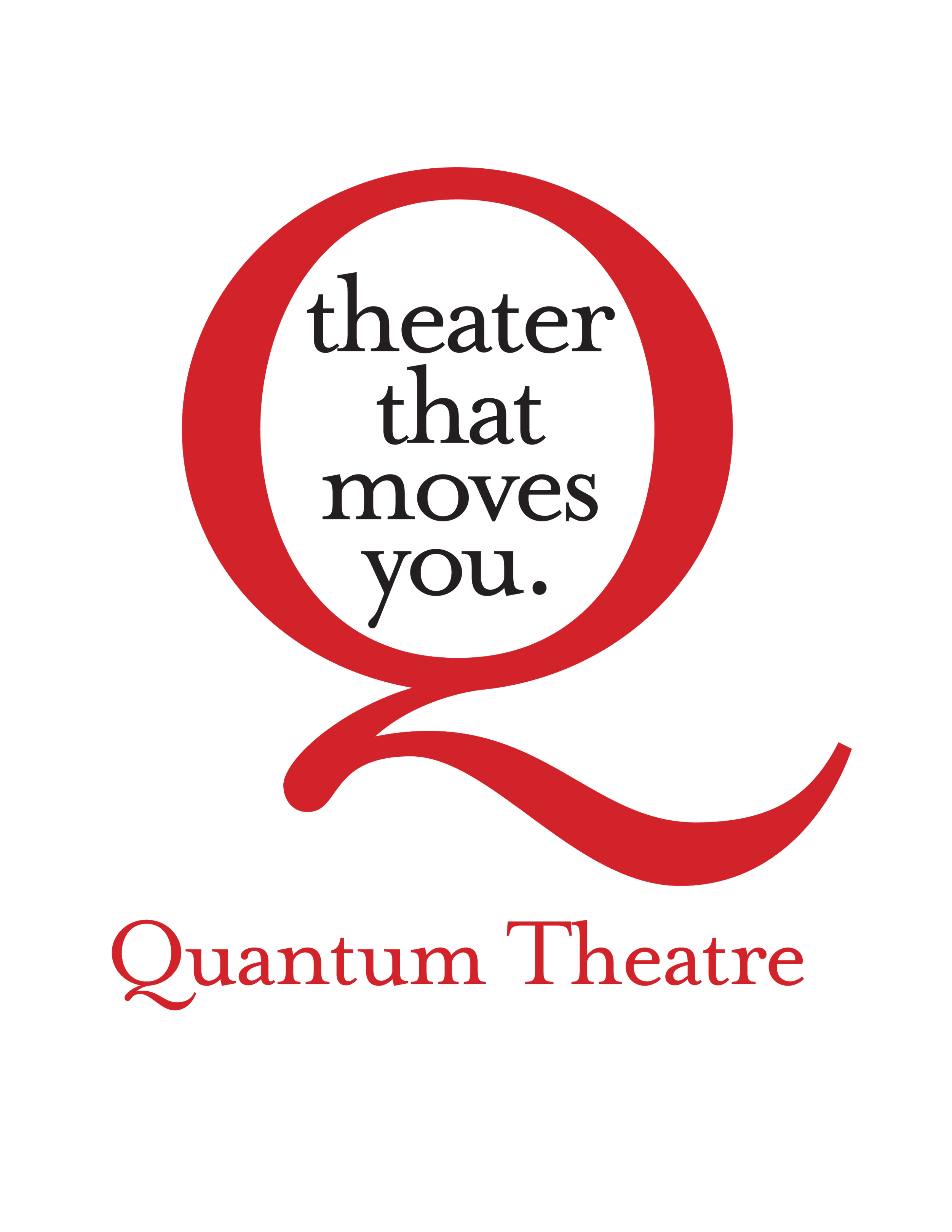 Logo for Quantum Theatre featuring a large red letter 'Q' with the phrase 'theater that moves you' inside the circle, and 'Quantum Theatre' written below in red on a black background.