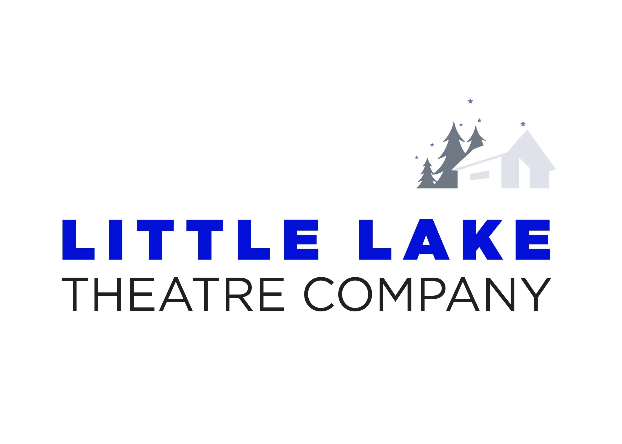 Logo of Little Lake Theatre Company featuring a small house, pine trees, and stars, with the text 'Little Lake Theatre Company' in blue and black.