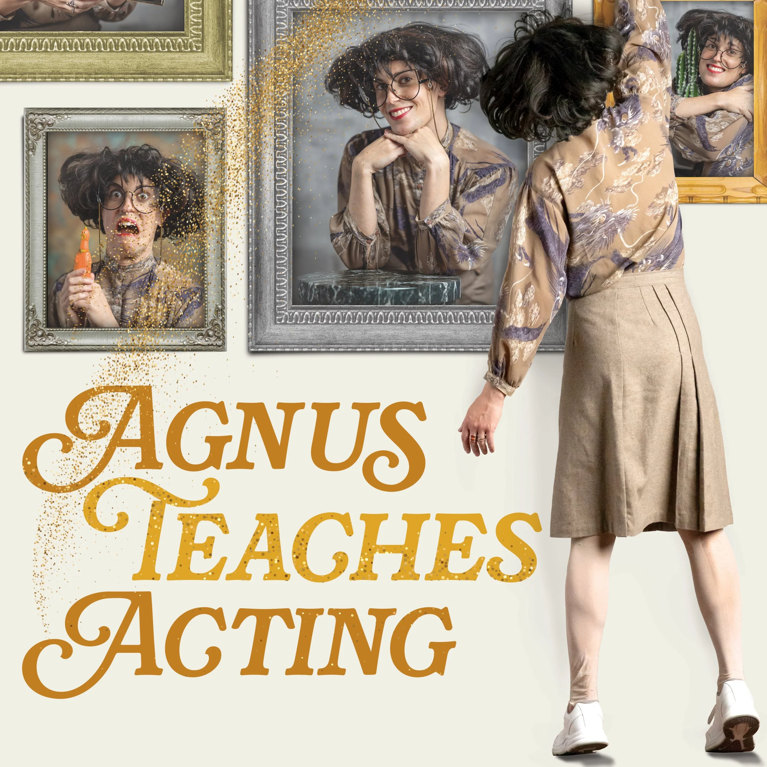 A woman with dark curly hair, glasses, and a patterned blouse stands in front of framed mirrors, appearing to act out different expressions. The background features the text 'AGnoUS TEACHES ACTING' in gold and brown. The woman's reflection in the mirrors shows her with exaggerated facial expressions, and gold glitter appears to be falling around her.