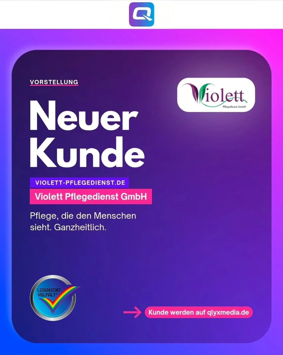 Ein riesiges, herzliches Willkommen an unseren neuen Kunden: den Violett Pflegedienst! 🎉

Wir sind absolut begeistert, euch an Bord zu haben. Der Violett Pflegedienst steht f&uuml;r so viel mehr als nur Pflege &ndash; er steht f&uuml;r Menschlichkei