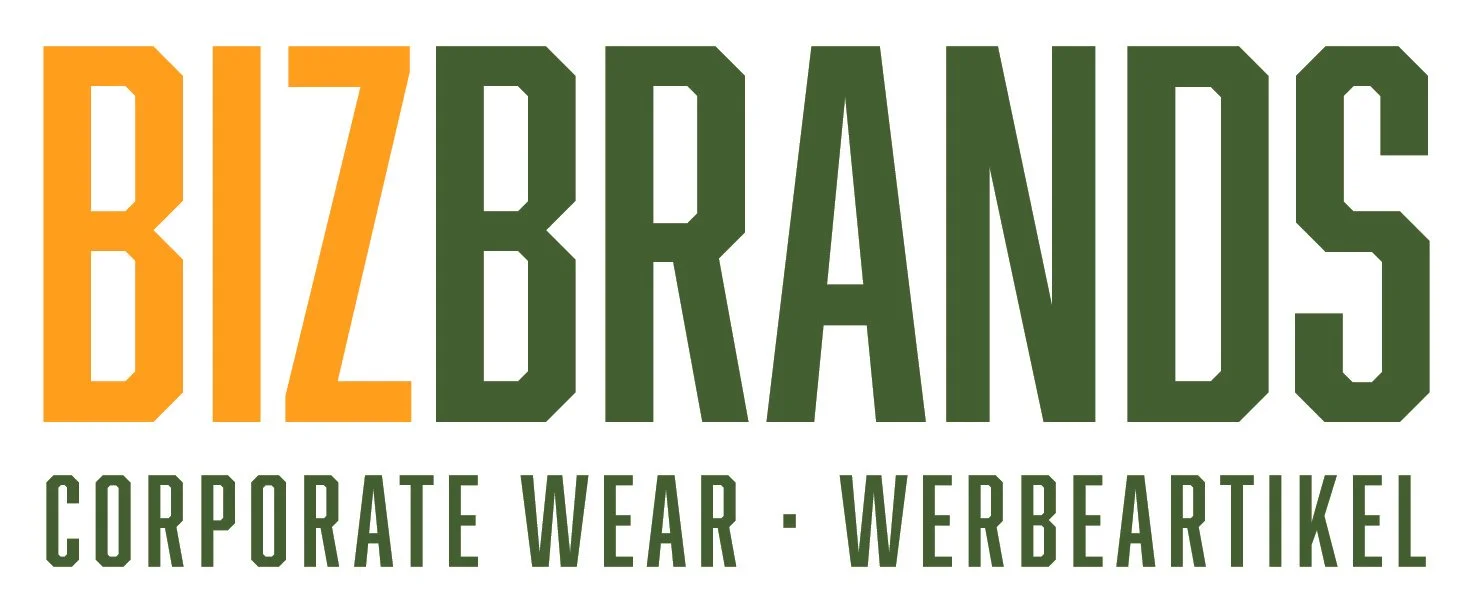 Logo mit dem Text "BIZBRANDS CORPORATE WEAR - WERBEARTIKEL" in grüner und oranger Schrift.
