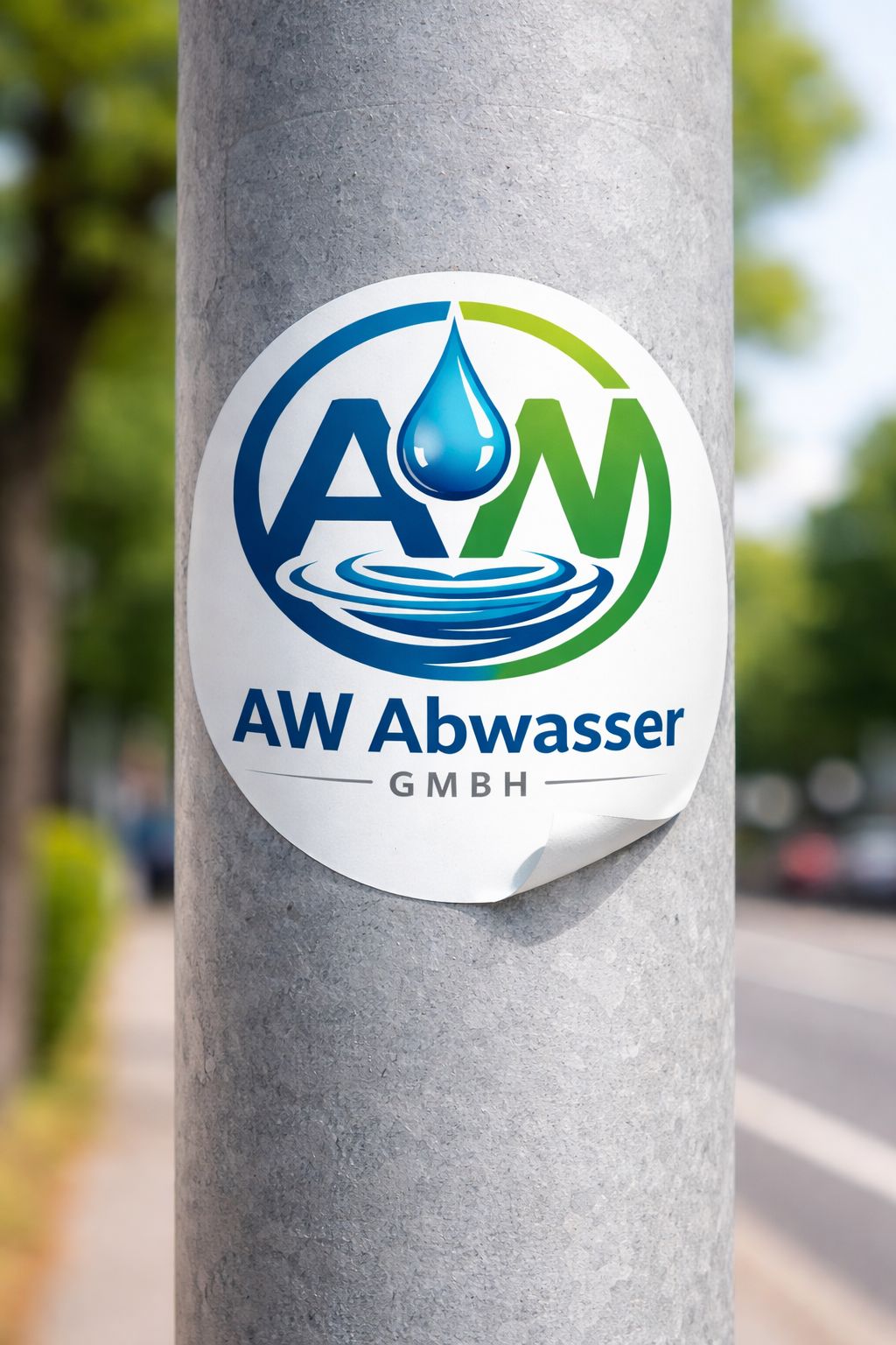 Aufkleber mit Wassertröpfchen, blauer und grüner Farbe, Buchstaben 'A' und 'M', darunter steht 'AW Abwasser GmbH' an einem Pfosten im Freien.