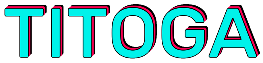 Der Schriftzug 'TITOGA' in großen, 3D-Optik mit blauer Füllfarbe, schwarzem Umriss und rotem Schatten.