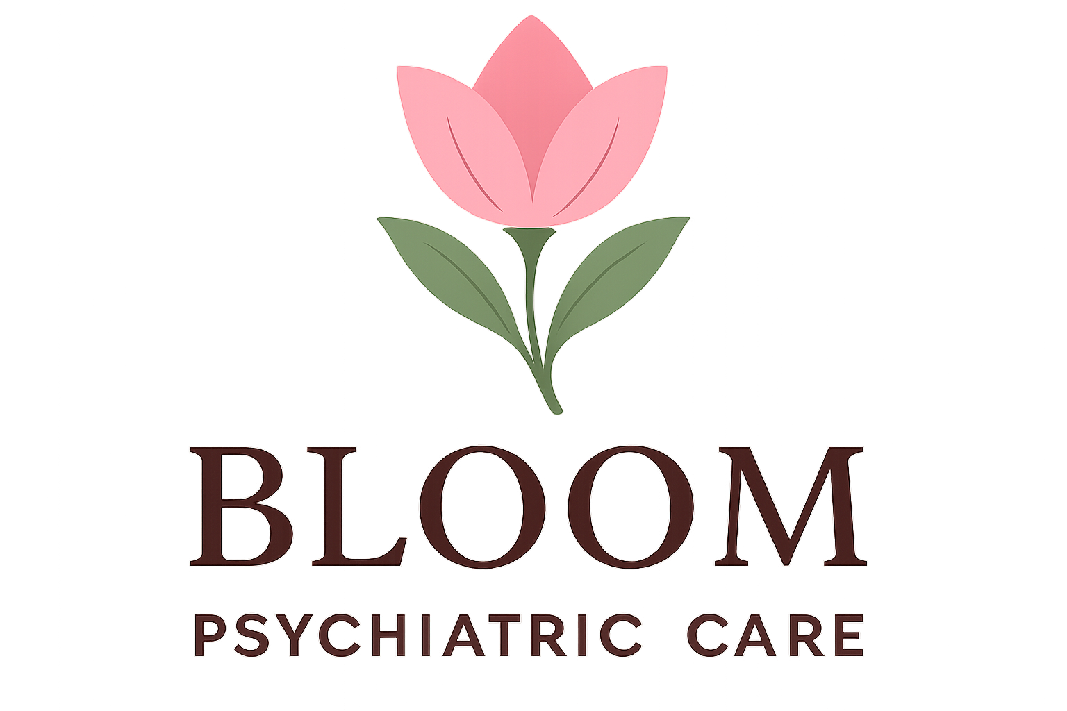 Neon pink flower above the words "BLOOM Psychiatric Care" on a gray background.