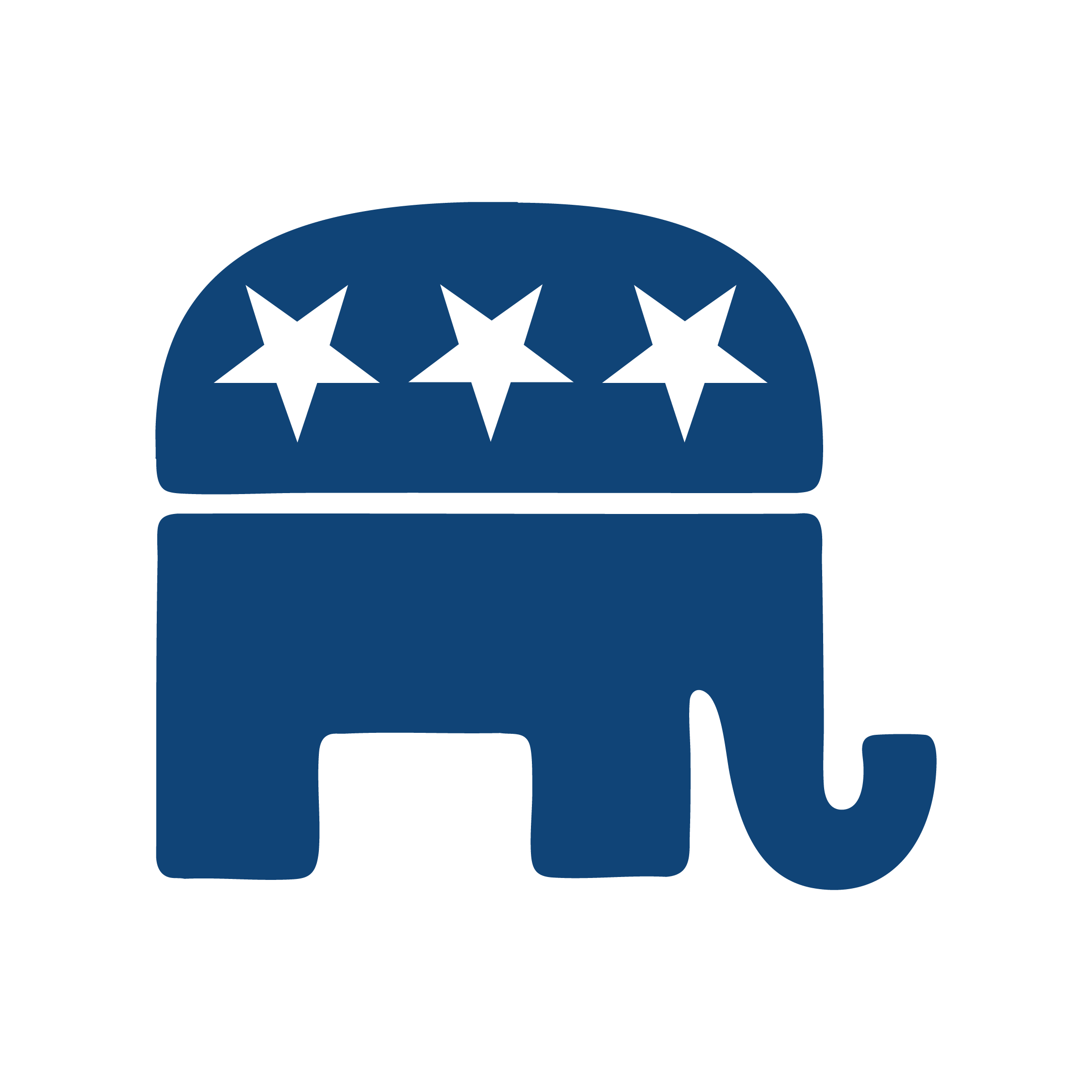 A blue silhouette of an elephant with a raised trunk and a rounded body, featuring a stylized American flag pattern with three black stars on the upper part.