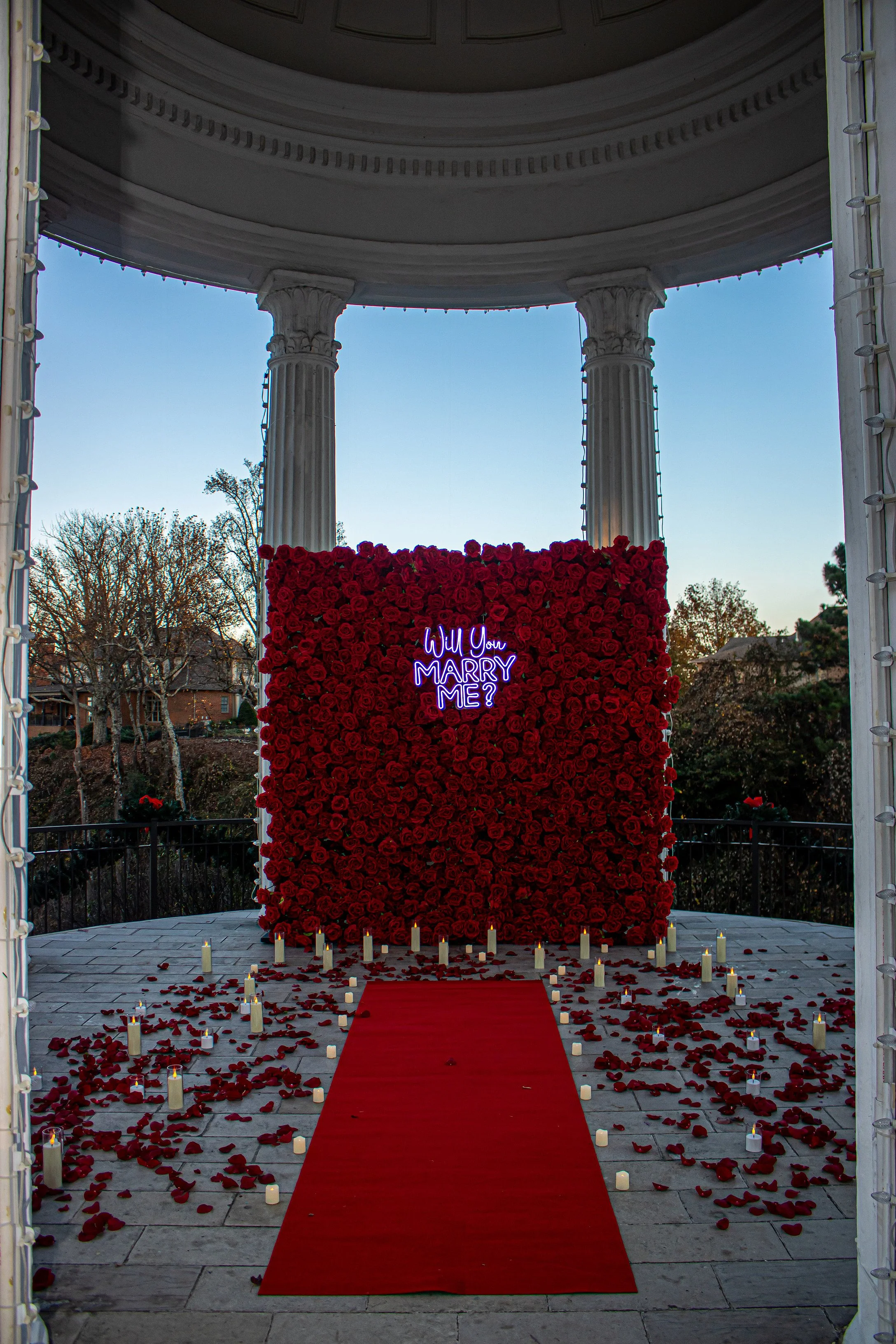 A romantic proposal setup in a gazebo with a red carpet leading to a backdrop made of red roses. There are small white candles along the sides of the carpet and scattered rose petals on the ground. A neon sign on the backdrop reads 'Will You Marry Me