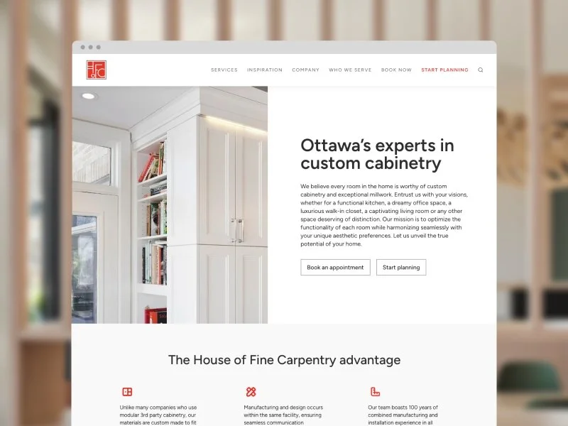 Screenshot of a website for custom cabinetry and carpentry services, featuring a white kitchen with built-in shelves and cabinets, and a heading about Ottawa's expertise in custom cabinetry.