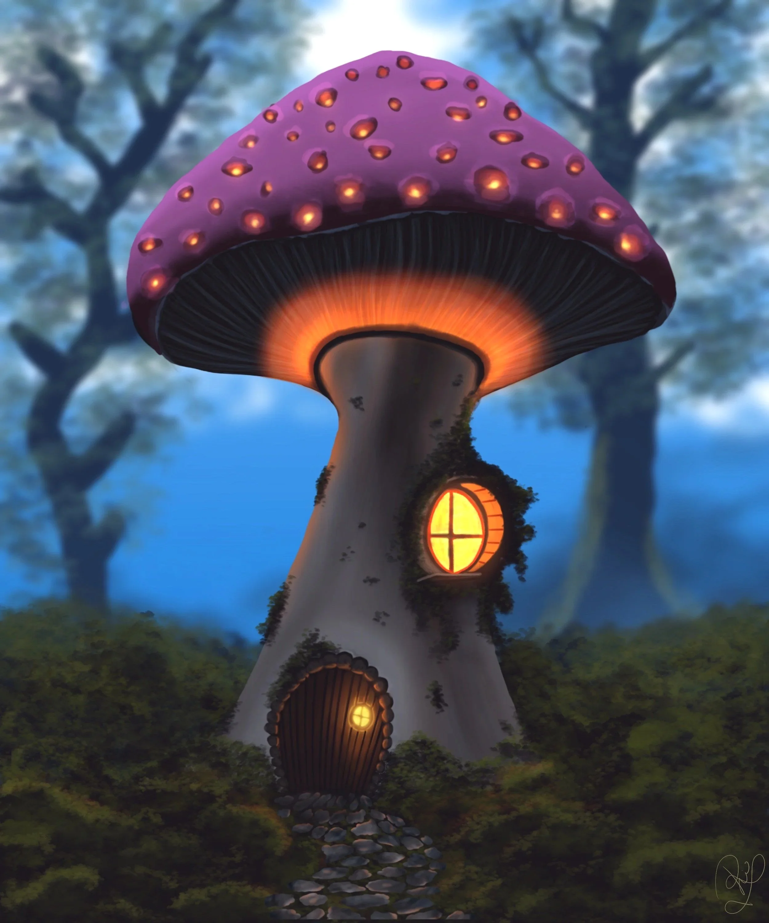 A whimsical fairy tale mushroom house with purple cap, glowing windows and a door, set in a misty forest background.