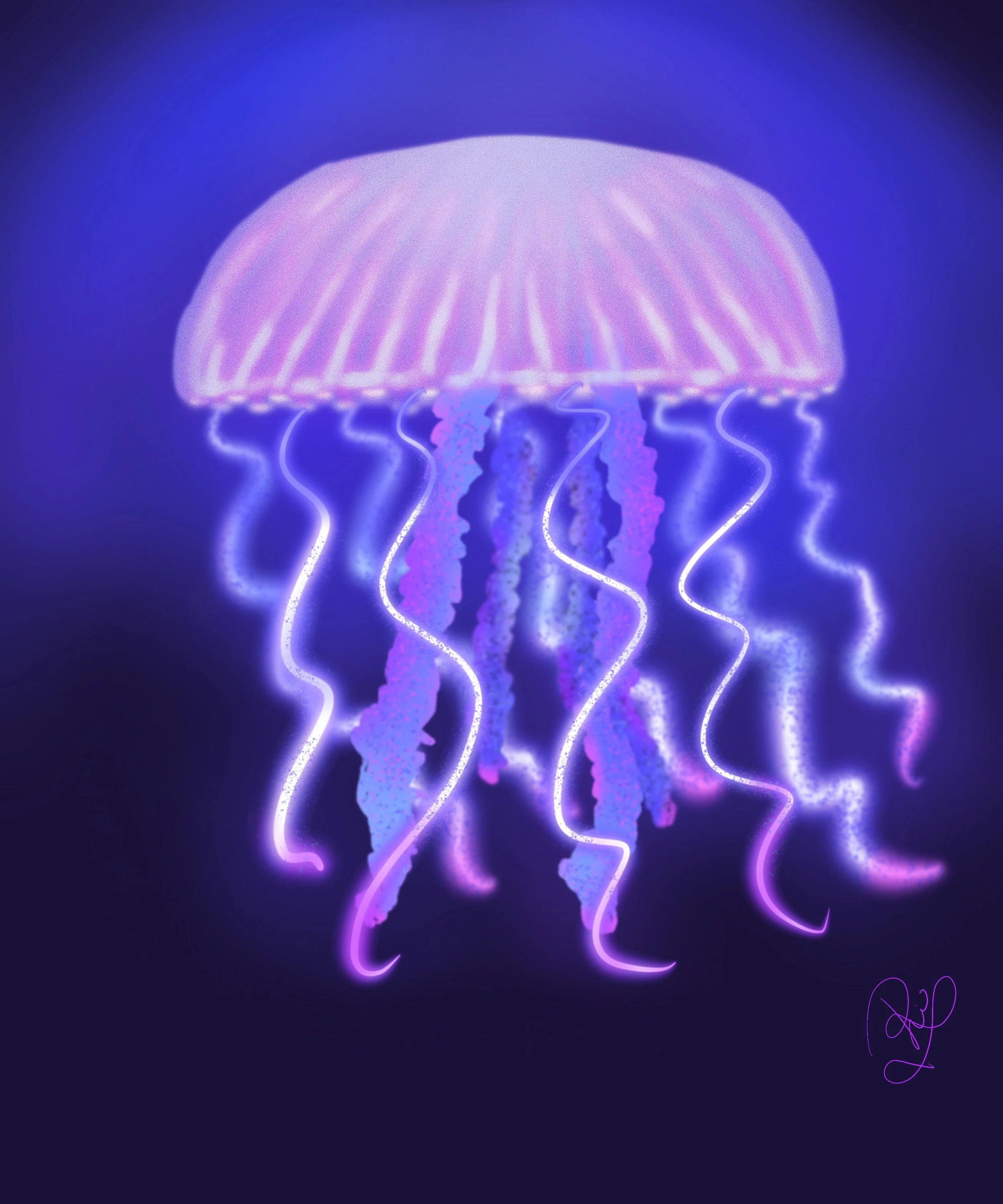 Neon-style digital art of a jellyfish glowing in shades of purple and blue against a dark background.