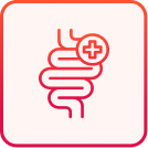 Outline of a stomach with a red cross inside, symbolizing medical or health care related to digestion.