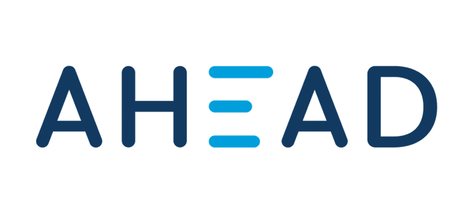 Logo with the word 'AHEAD' and a stylized 'E' made of three horizontal blue lines.