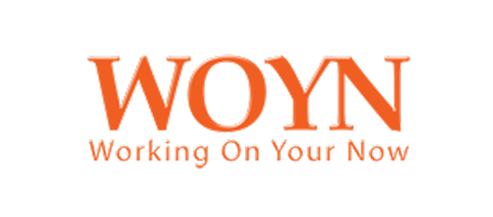 Logo with the text 'WOYN' in large orange letters and 'Working On Your Now' underneath.