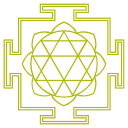 Symbol eines Mandalas mit gelben Linien auf schwarzem Hintergrund