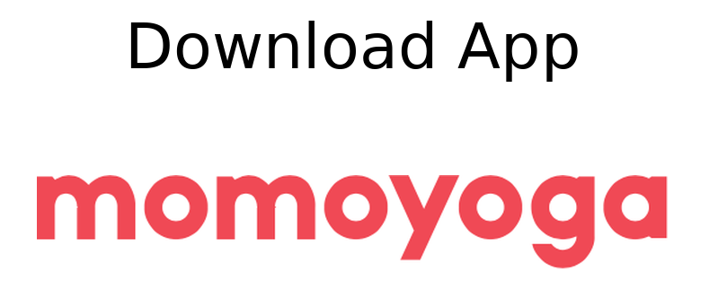 Text auf weißem Hintergrund mit schwarzer Überschrift 'Download App' und rotem Logo 'momoyoga'.