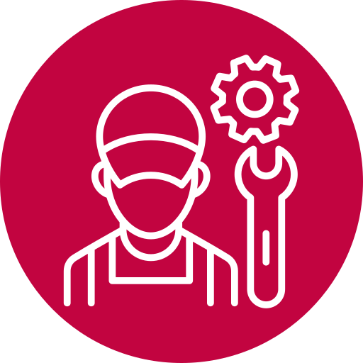 Icon of a person wearing a cap and mask with a gear and wrench, representing maintenance or technical work.