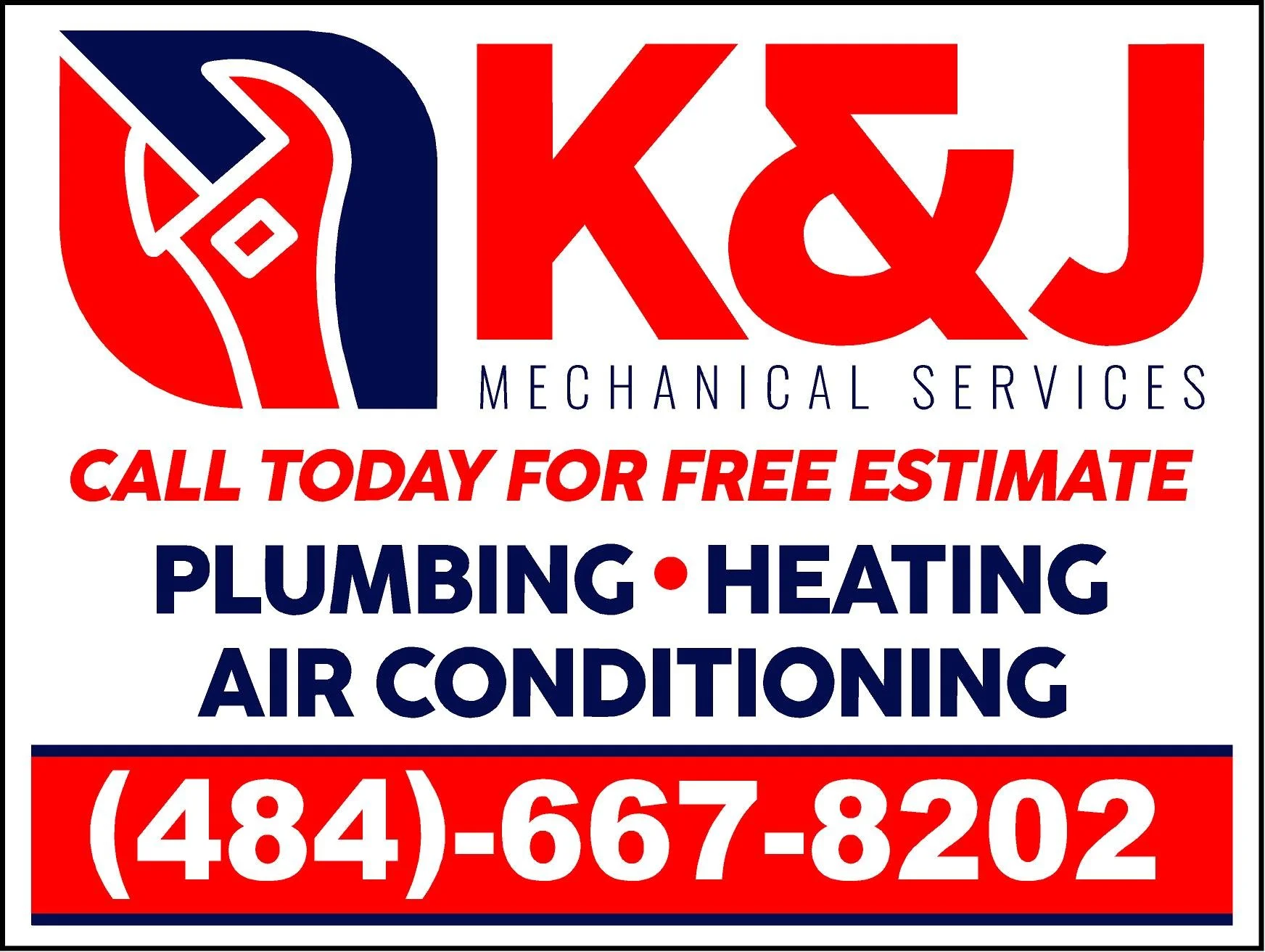 Business advertisement for K&J Mechanical Services. Bold red and blue text, and a contact number. Services include plumbing, heating, and air conditioning, with a call to action for a free estimate.
