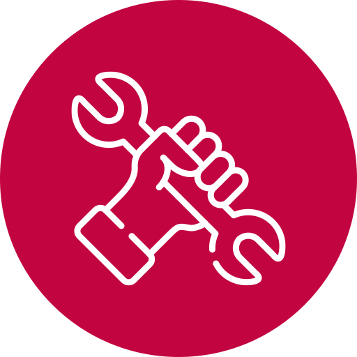 Icon of a hand holding a wrench, representing tools or repair services, on a red circular background.
