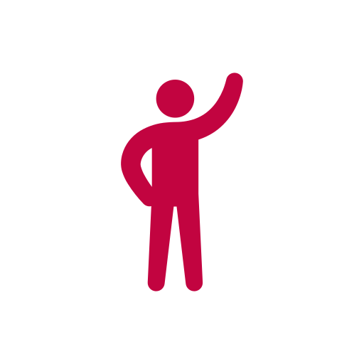 Icon of a person raising one arm in a gesture of greeting or explanation, in maroon color on a white circular background.