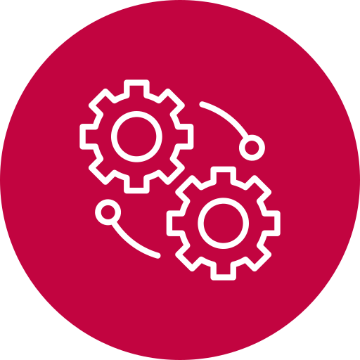 Icon of two interconnected gears on a red circular background.