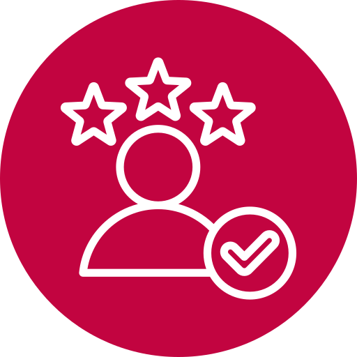 Icon of a person with three stars above their head and a checkmark next to them on a red circular background.