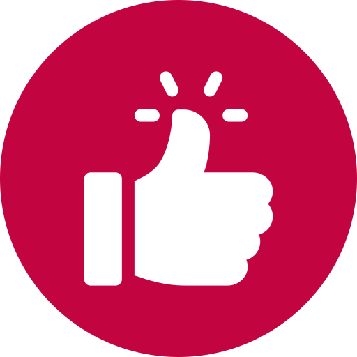 White thumbs-up hand gesture with radiating lines inside a red circle.