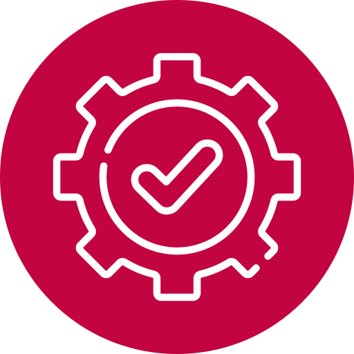 Icon of a gear with a checkmark inside, on a red circular background.