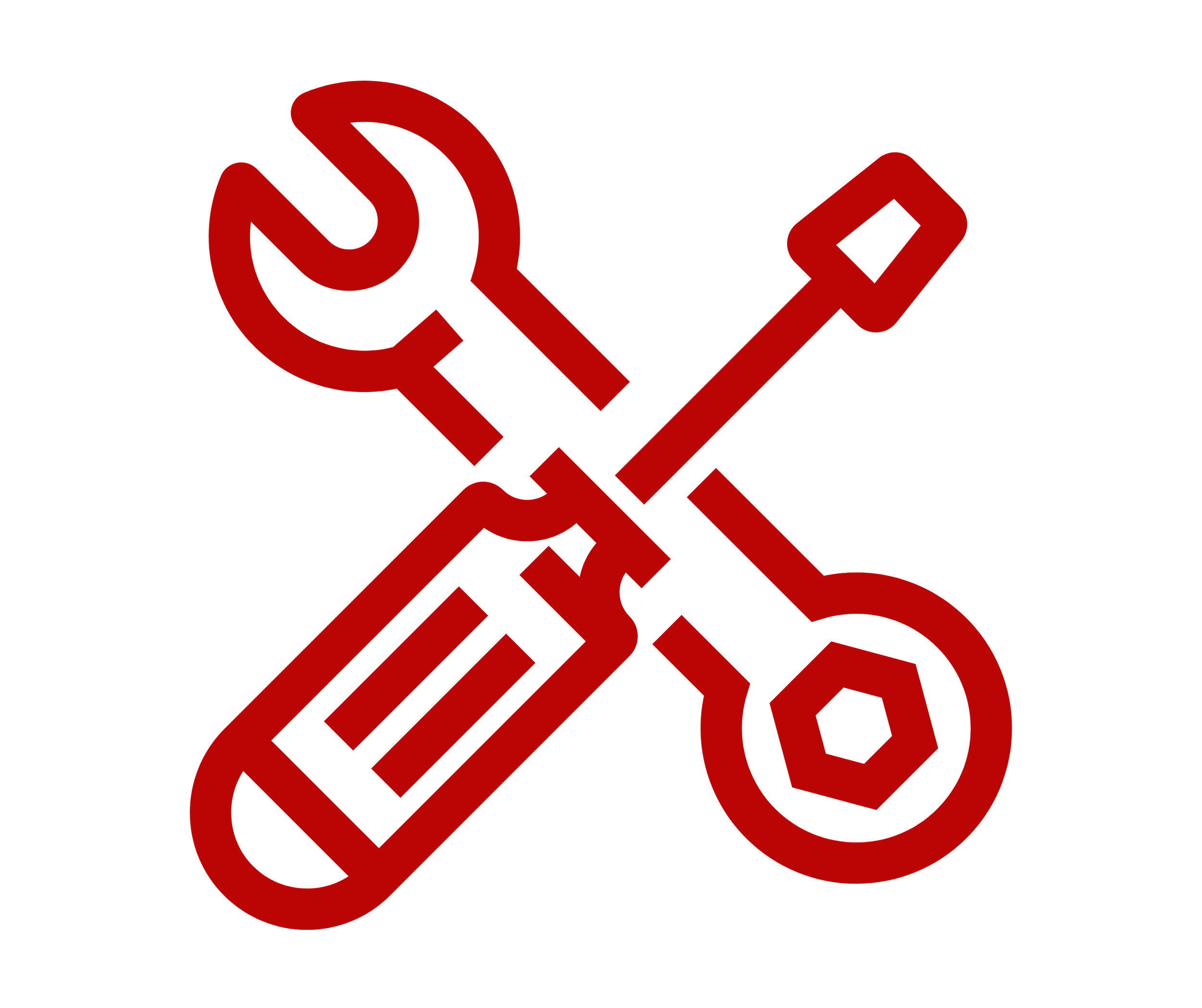 Icon of a wrench and screwdriver crossed over a small mechanical or electrical device, all in red outline on a black background.