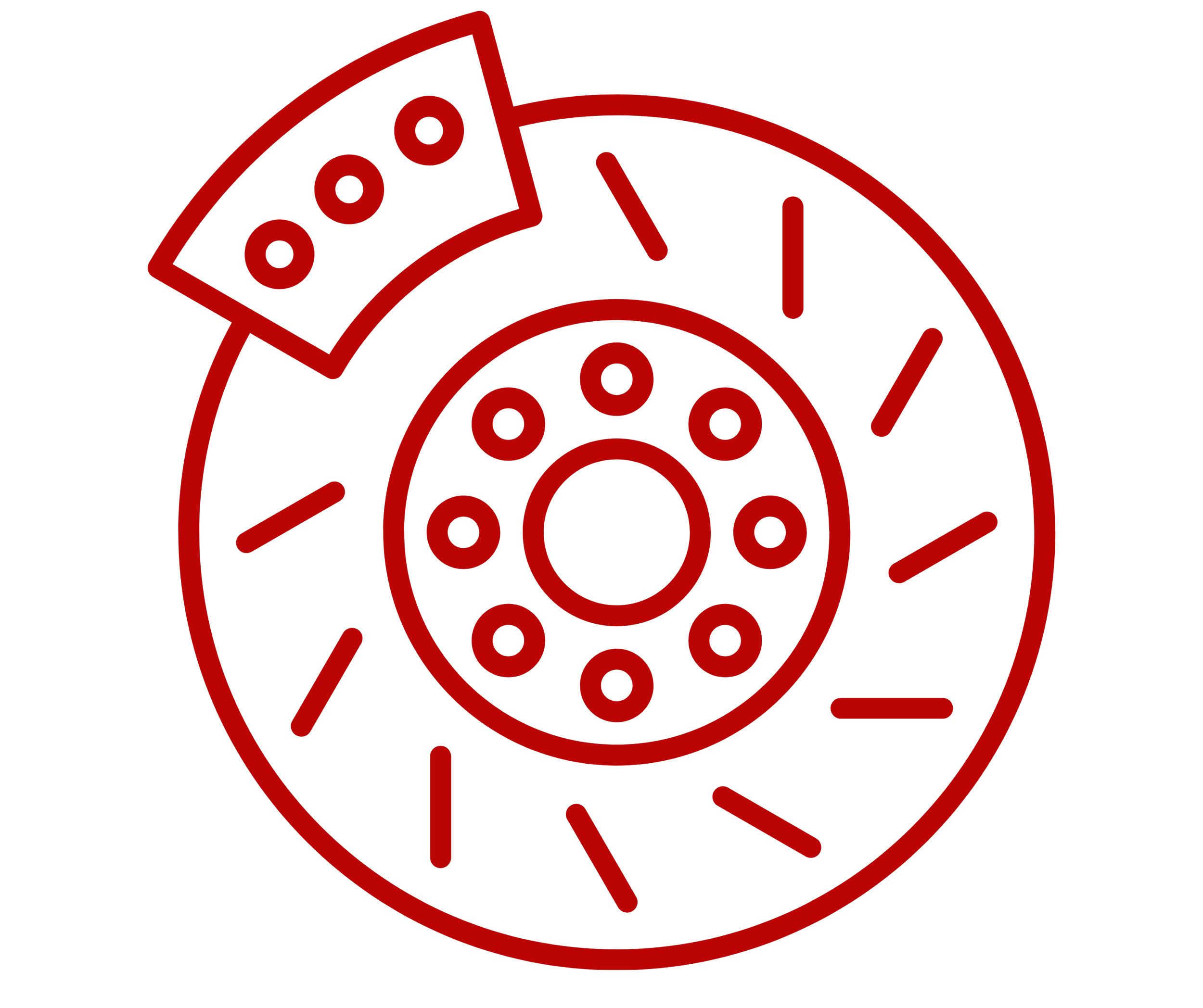 Outline illustration of a brake disc rotor and brake pad in red.
