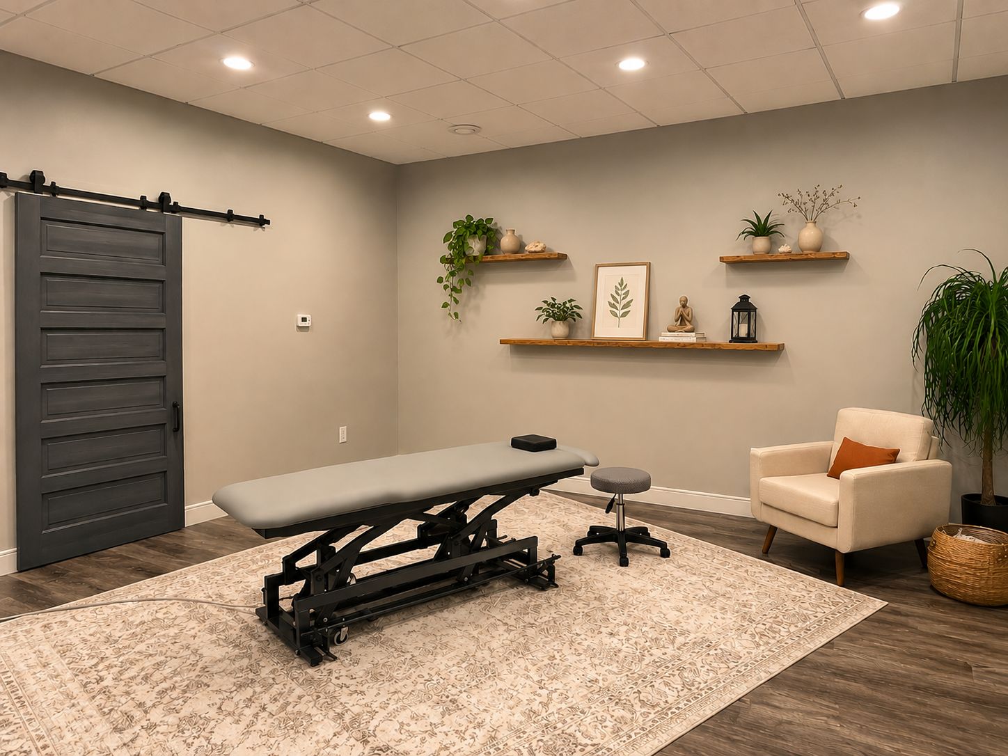 A therapy room with a massage table, a gray rolling stool, a white armchair with a brown pillow, and a large plant in a black pot. The room has gray walls, wood flooring, a decorative rug, and three floating shelves with plants and decorative items on the wall.