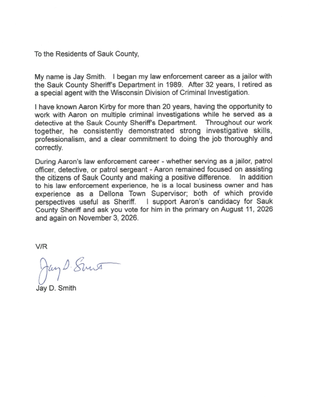 Endorsement: Jay Smith Backs Aaron Kirby for Sauk County Sheriff