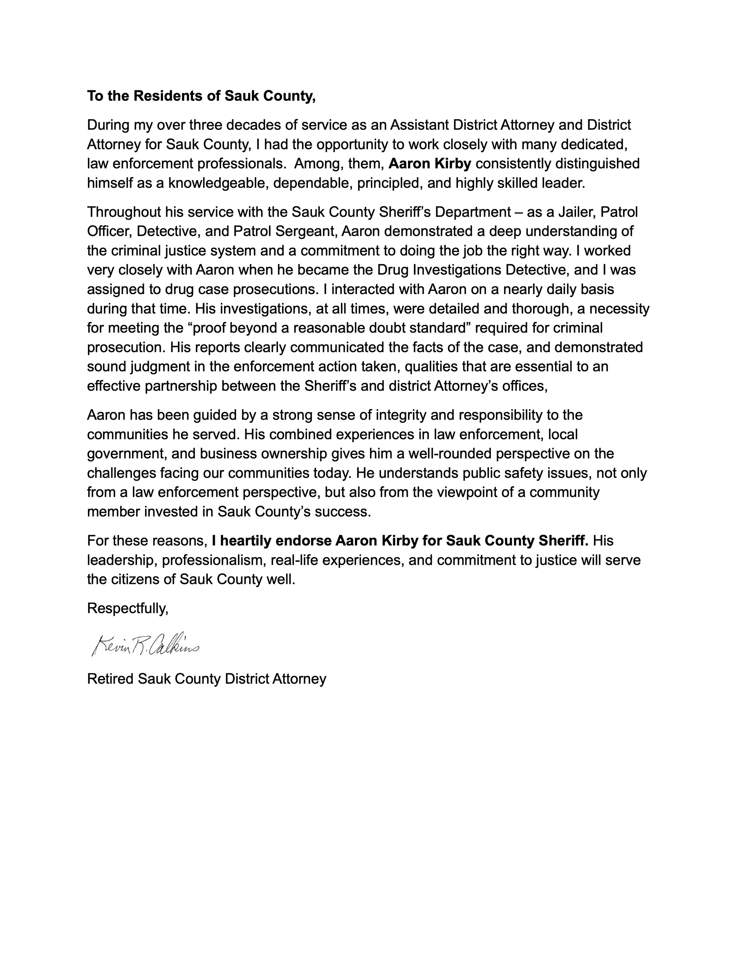 Highly Respected Former Sauk County District Attorney Kevin Calkins Endorses Kirby For Sheriff