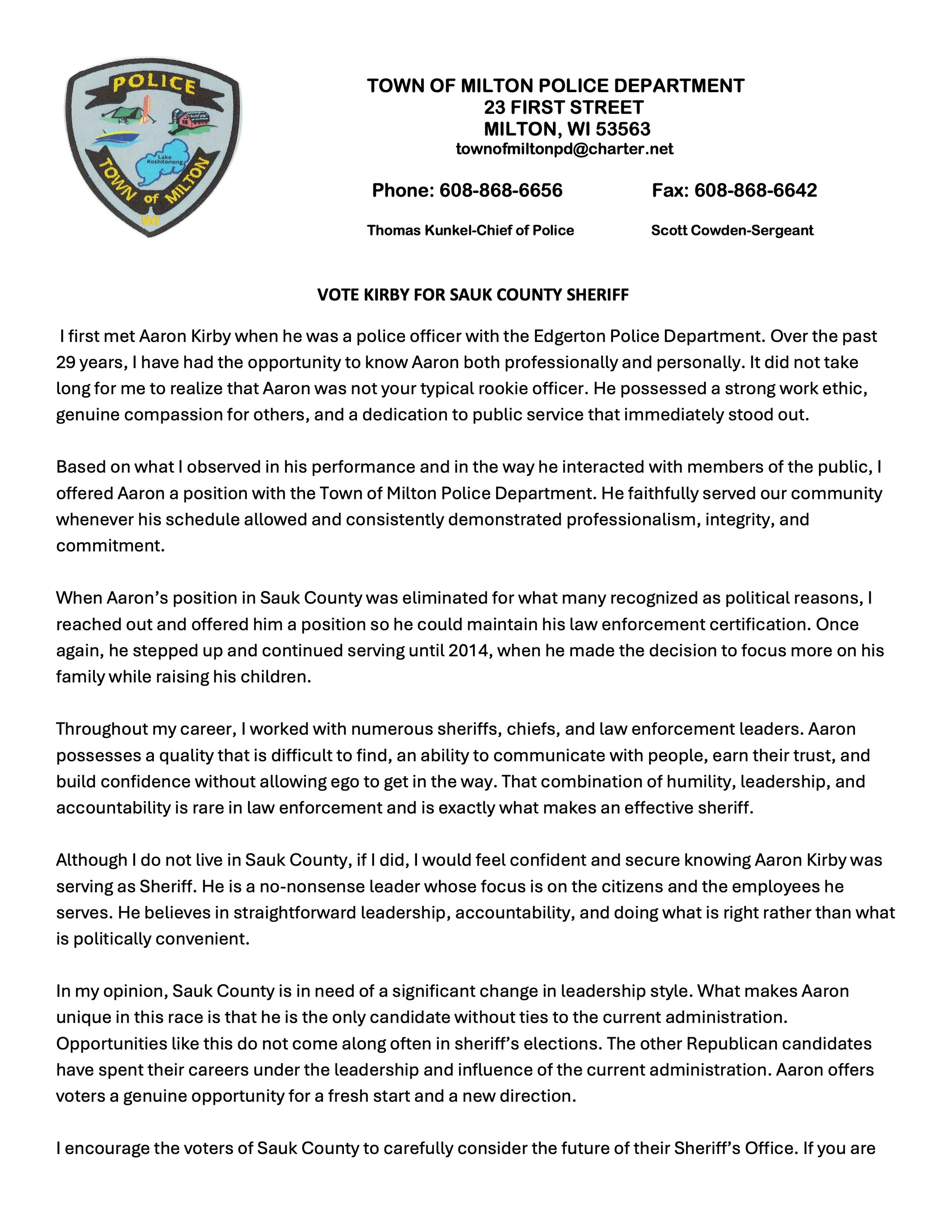 Chief Of Police Endorses Kirby For Sauk County Sheriff