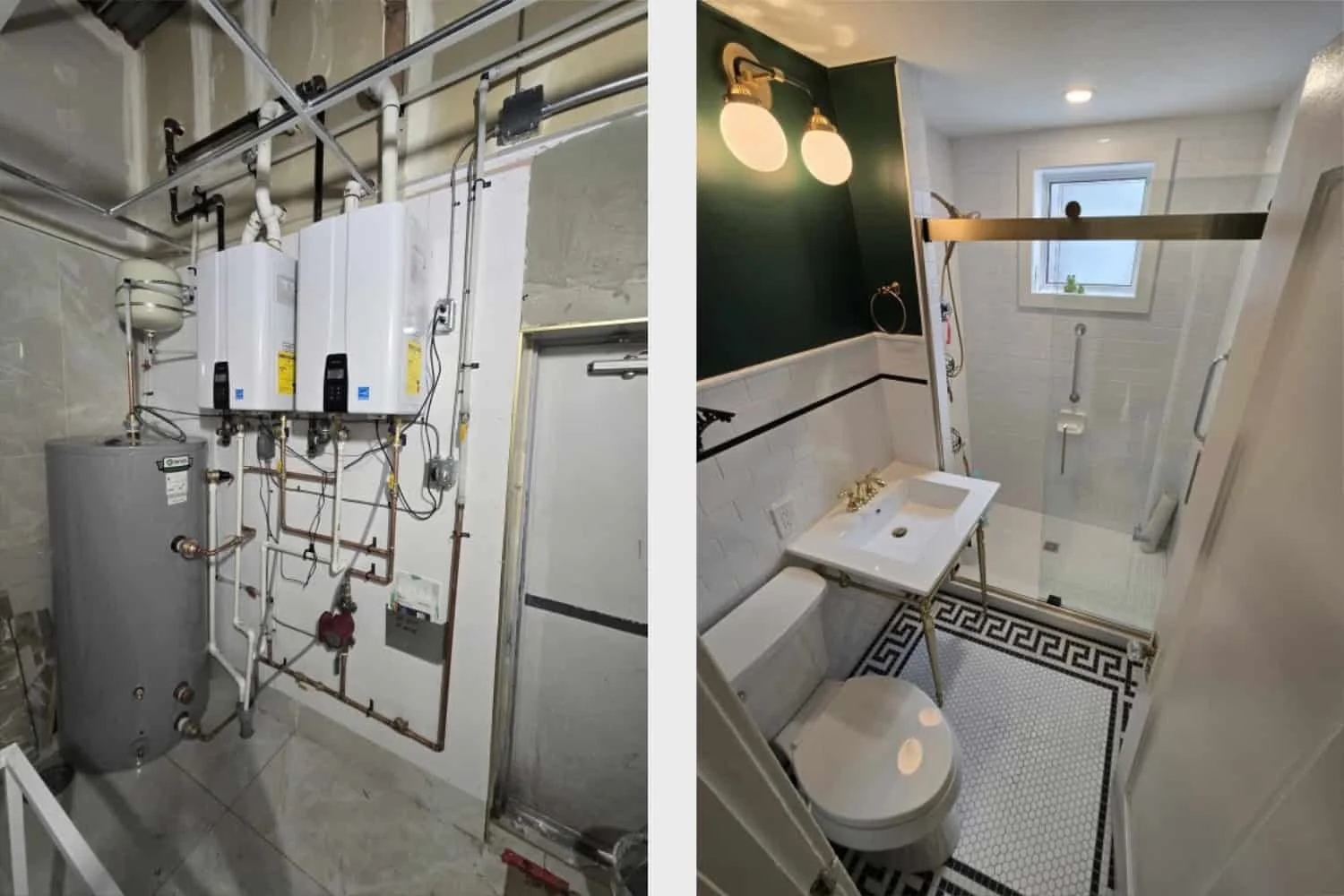 Left side shows a boiler system with pipes and equipment; right side shows a modern bathroom with a toilet, small sink, shower, and wall-mounted lighting.