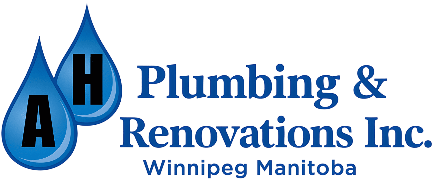 Logo for A H Plumbing & Renovations Inc., a plumbing and renovation company based in Winnipeg, Manitoba. The logo features two blue water droplets with the letters 'A H' inside each, and the text 'Plumbing & Renovations Inc.' and 'Winnipeg Manitoba' beside the droplets.