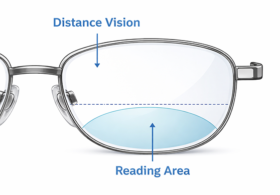 Diagram of glasses showing areas for distance vision and reading
