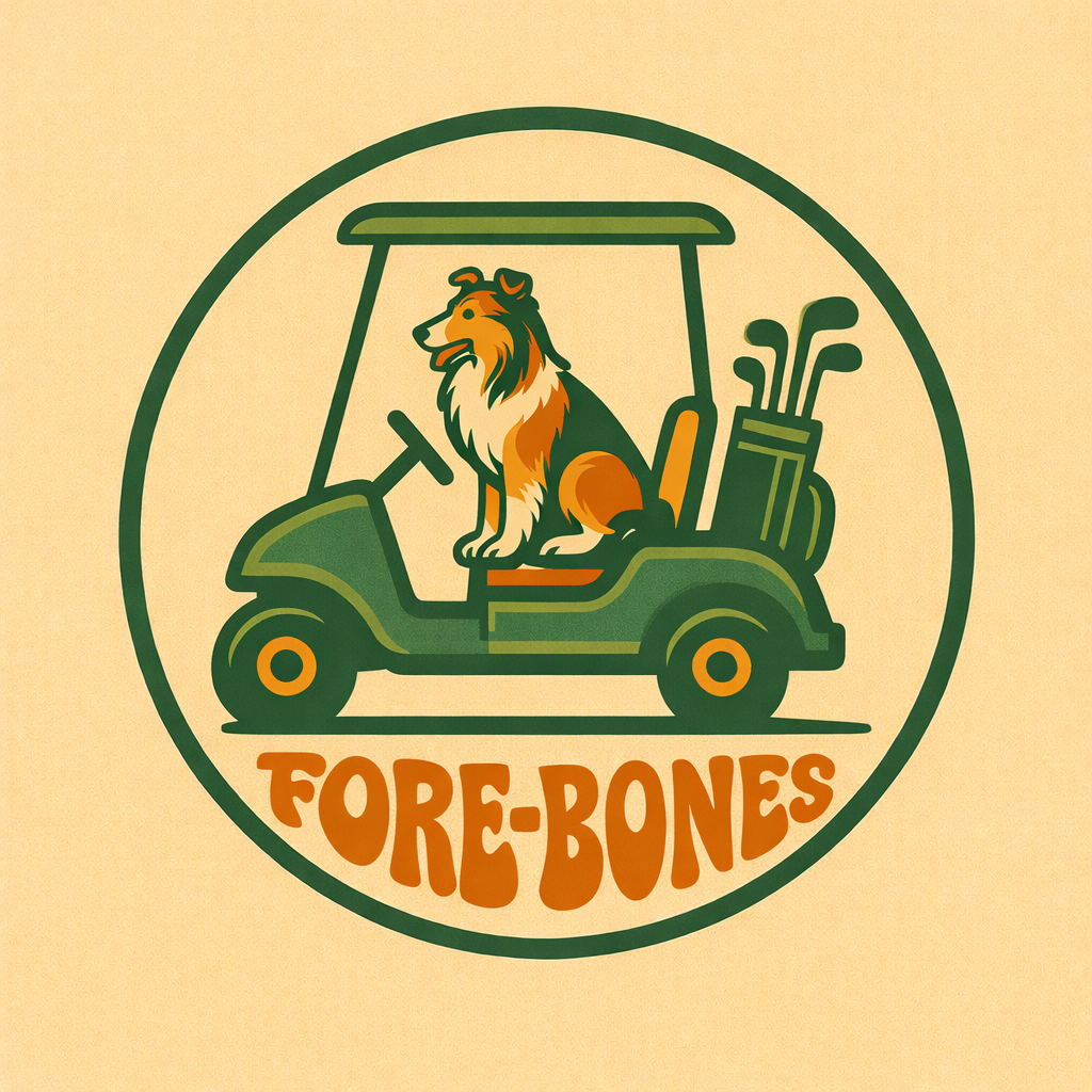 A logo with a dog sitting in a golf cart, which has golf clubs in the back, and the words 'FORE-BONES' below.