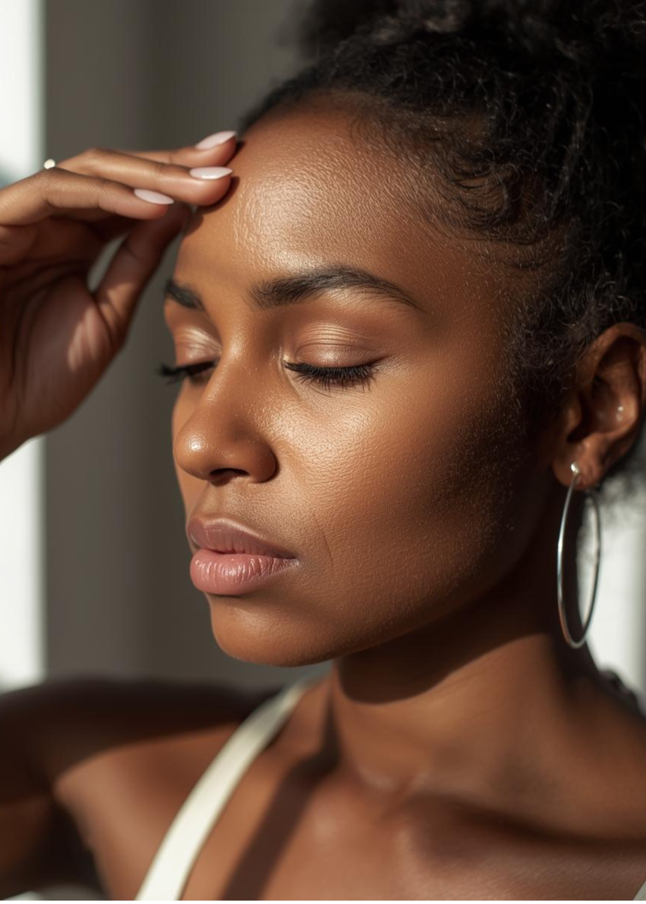 Close-up of a woman with closed eyes, natural makeup, and hoop earring, touching her forehead gently.