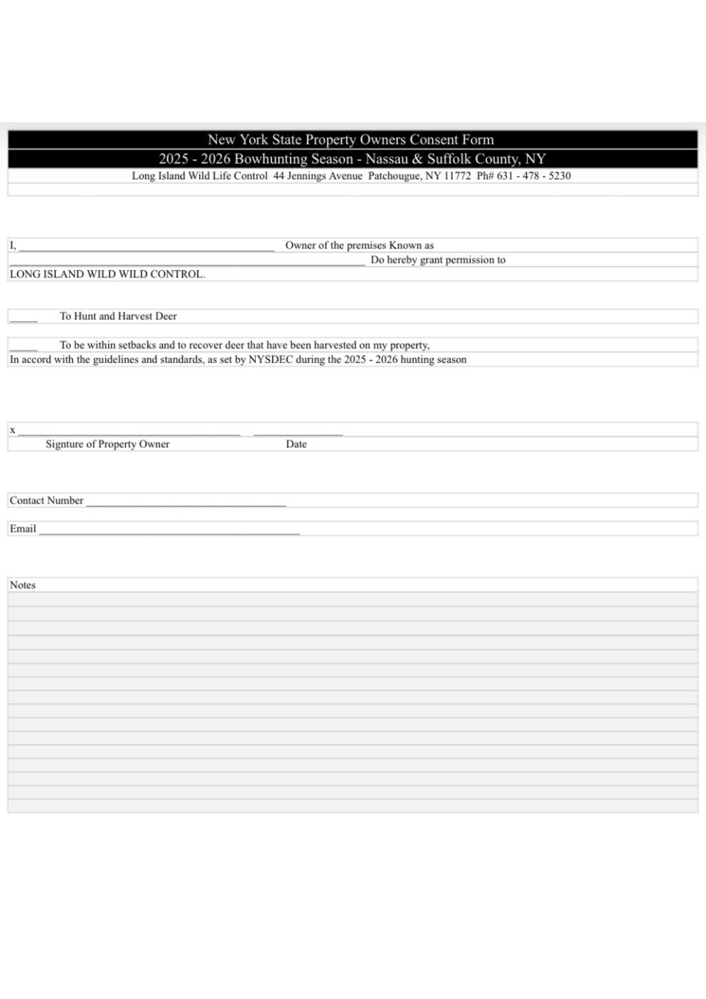 A form titled 'New York State Property Owners Consent Form' for the 2025-2026 bowhunting season in Nassau and Suffolk County, NY. The form includes fields for owner information, permission to hunt deer, signature, and contact details.