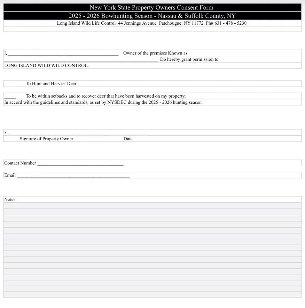 A blank property owner consent form for hunting deer on Long Island Wild Life Control, covering Nassau & Suffolk County, NY, for the 2025-2026 bowhunting season. The form includes fields for owner details, signature, date, contact information, and notes.