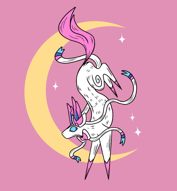 A whimsical illustration of a unicorn with pink and blue mane, set against a pink background with a yellow crescent moon and some stars.