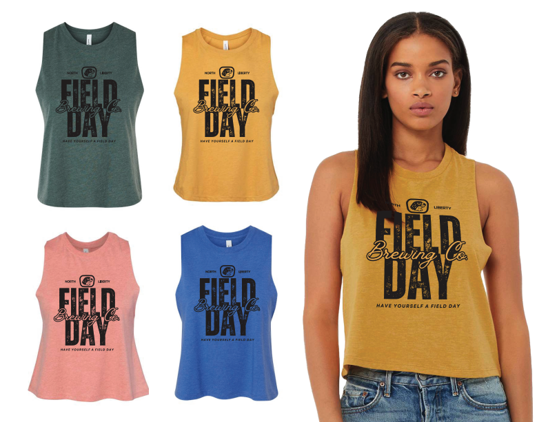 Four sleeveless tank tops in green, yellow, pink, and blue with 'Field Day Brewing Co.' logos, displayed next to a woman wearing the yellow tank top.