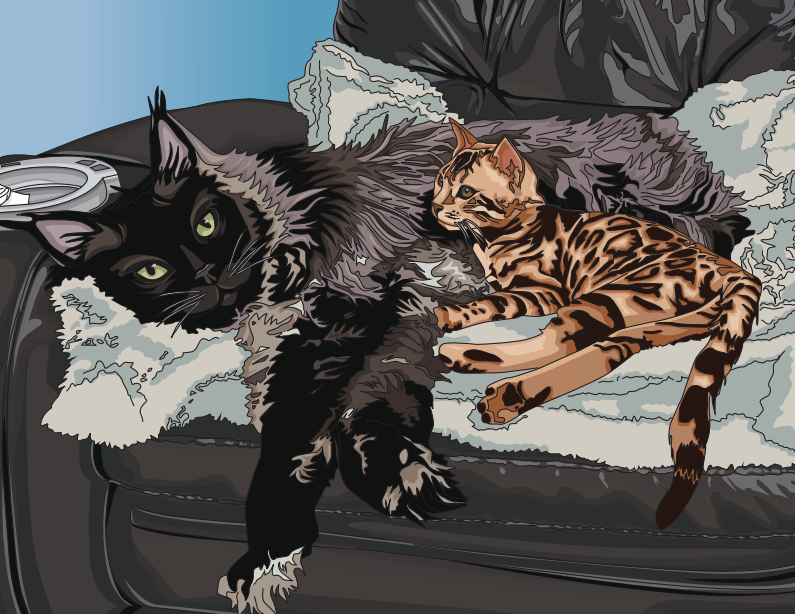 A digital illustration of two cats lying on a soft, fluffy blanket on a couch. One cat is a large black and white Maine Coon with green eyes, and the other is a smaller Bengal with a spotted coat, both relaxed and resting.