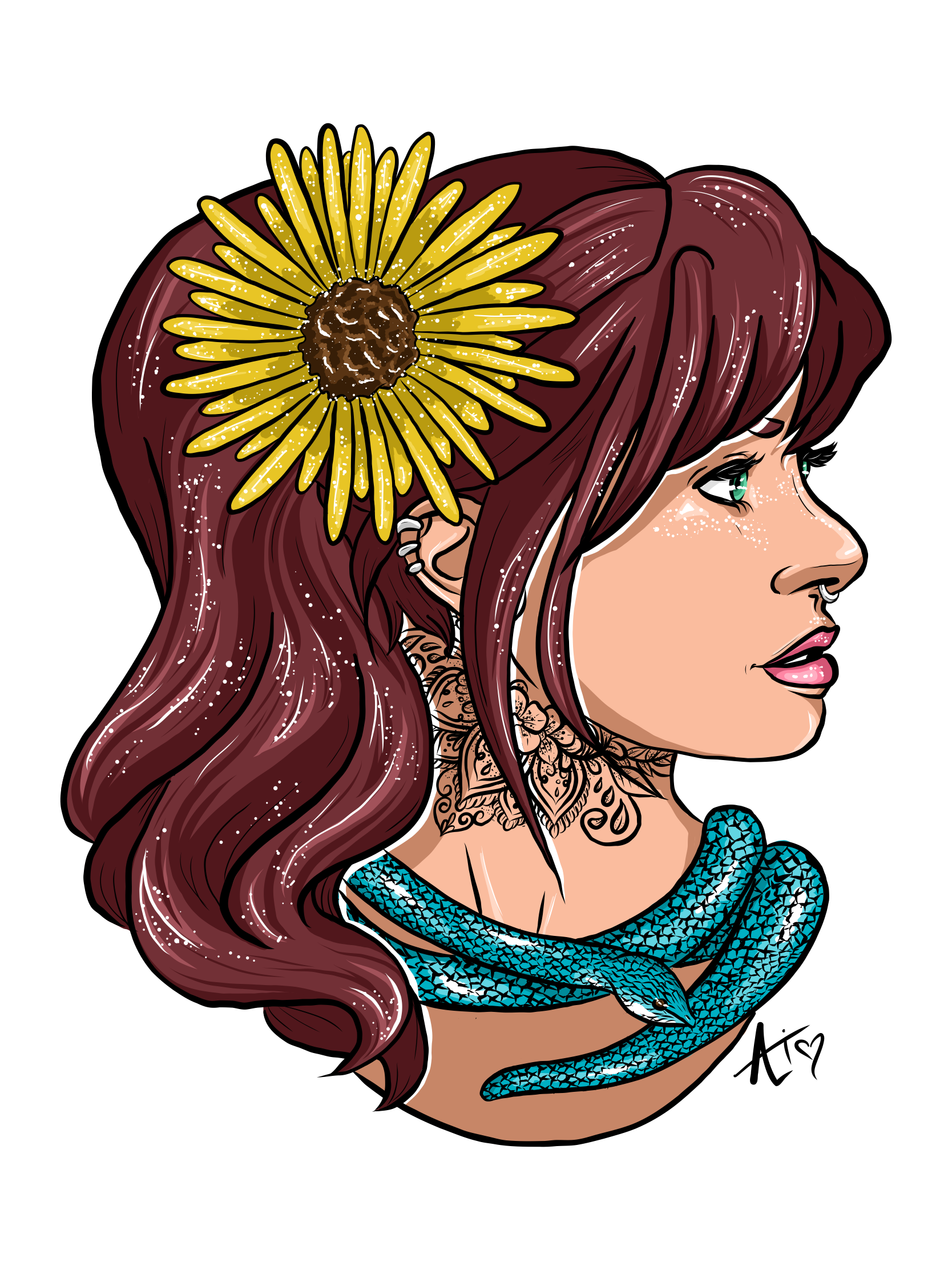 Digital illustration of a woman with long wavy red hair, a sunflower in her hair, turquoise snake wrapped around her neck, and tattoos on her neck and shoulder.