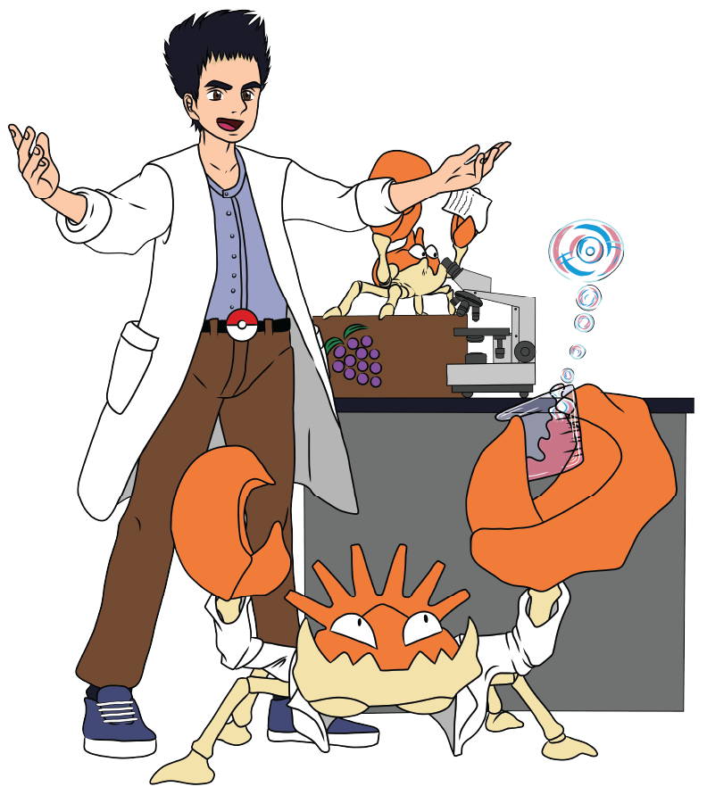 A cartoon scientist with black spiky hair, wearing a white lab coat, blue shirt, and brown pants, stands with arms outstretched. In front of him is a large cartoon crab holding a test tube and wearing a lab coat. Behind them, there is a box of grapes