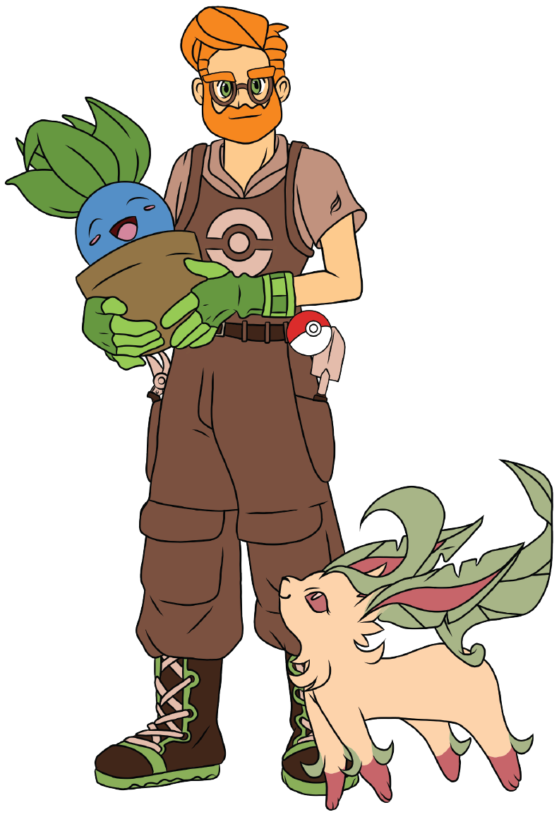 An animated male character with red hair, glasses, and a beard, dressed in hiking clothing with a Poké Ball attached to his belt, holding a Bouffalant in his arms, and a Leafeon standing nearby.