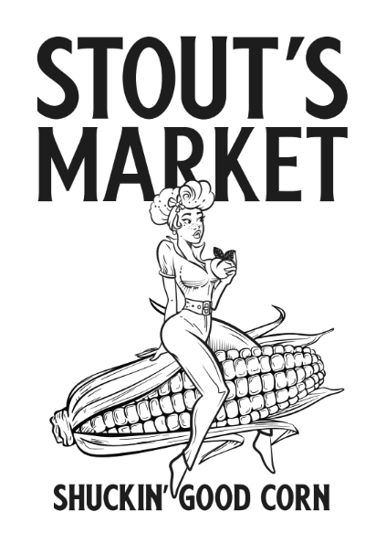 Logo for Stout's Market featuring a vintage pin-up style woman sitting on an ear of corn, holding a cob of corn in one hand, with the text "Stout's Market" at the top and "Shuckin' Good Corn" at the bottom.